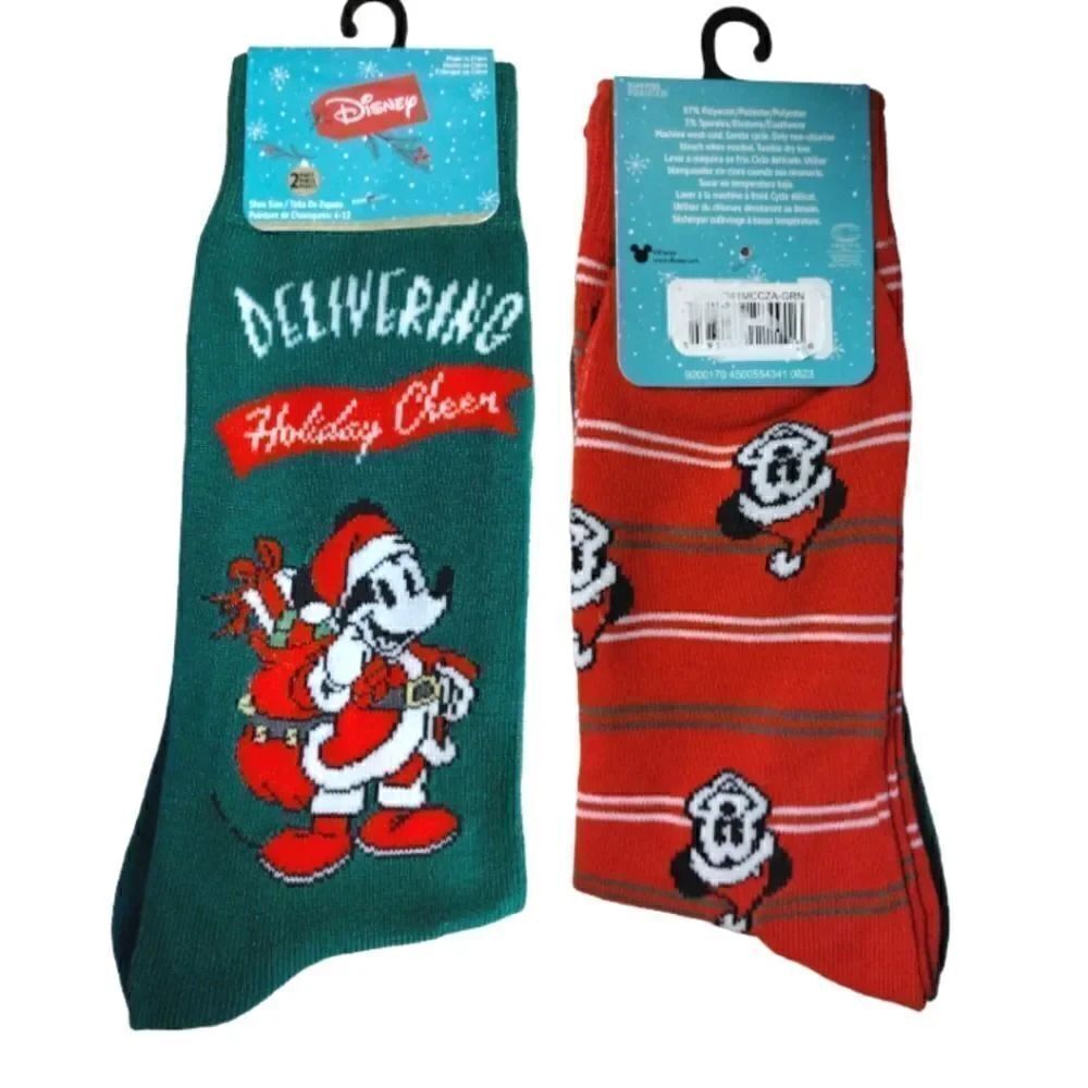 Disney 2 Prs Mickey Mouse Santa Christmas Crew Socks NWT Festive Nostalgia
